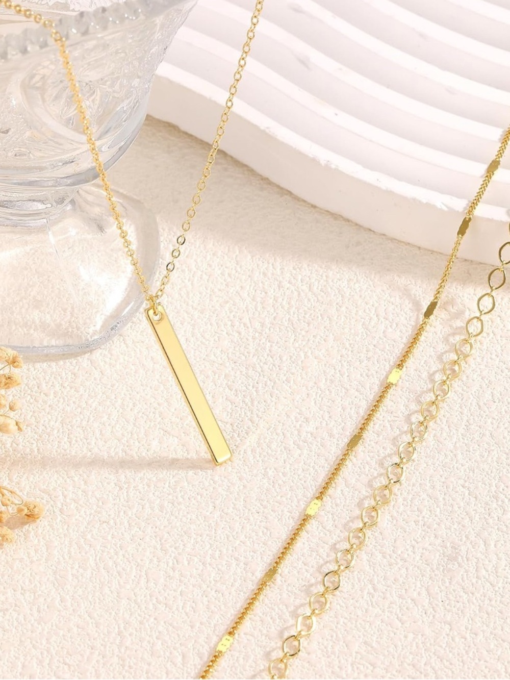 14K Gold Plated Layered Bar Pendant Necklace Set - Picture 3 of 6